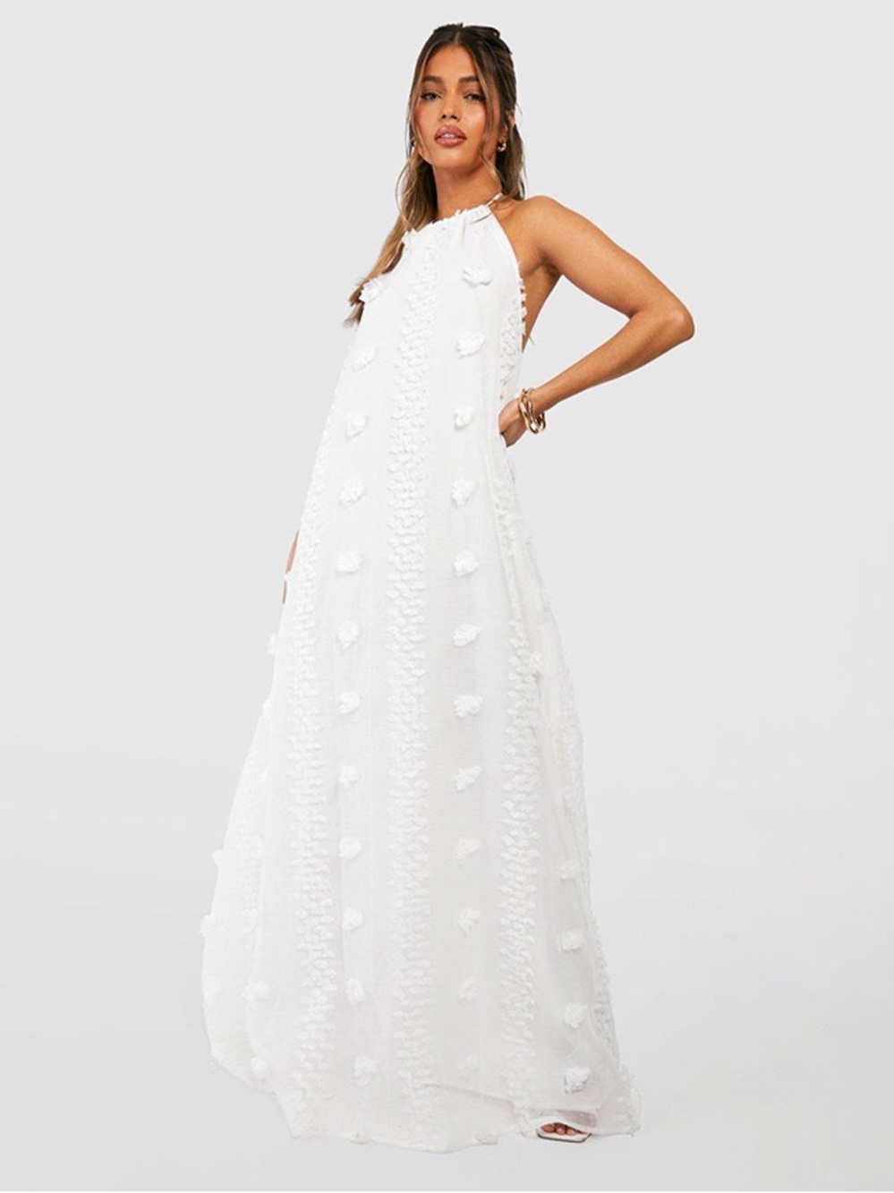Boohoo NWT Textured Dobby Mesh Halter Maxi Dress Ivory White Open Back US 6